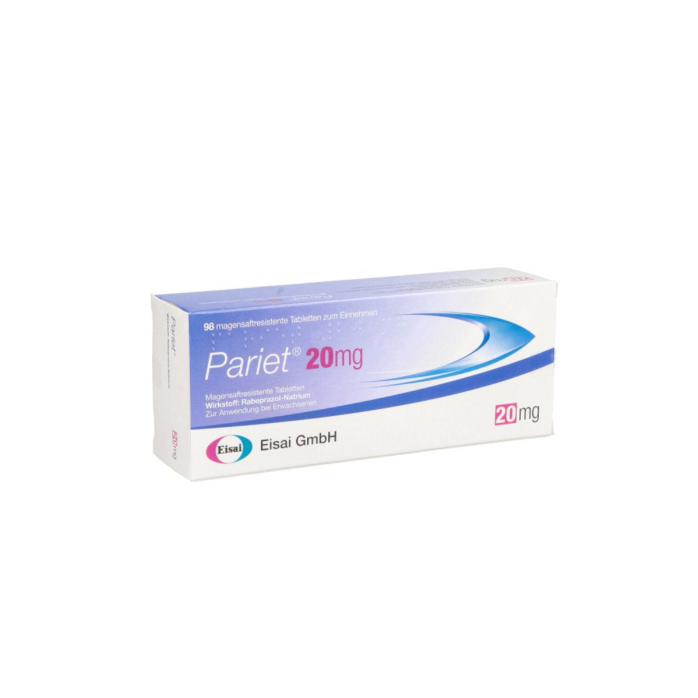 Das Produktfoto zeigt Pariet Eisai 20 Mg Magensaftresistente Tabletten (98 stk) PZN 03743345