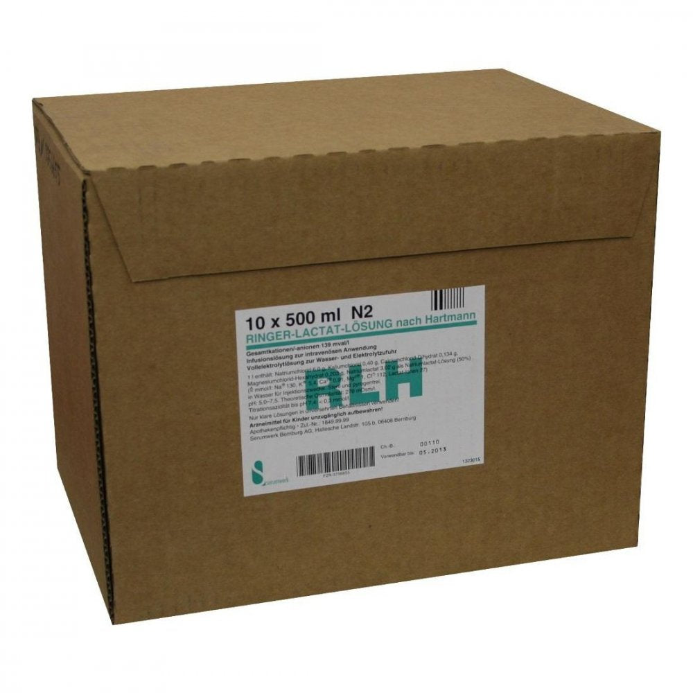 Das Produktfoto zeigt Ringer Lactat Lösung Pe-Flaschen (10X500 ml) PZN 03756655