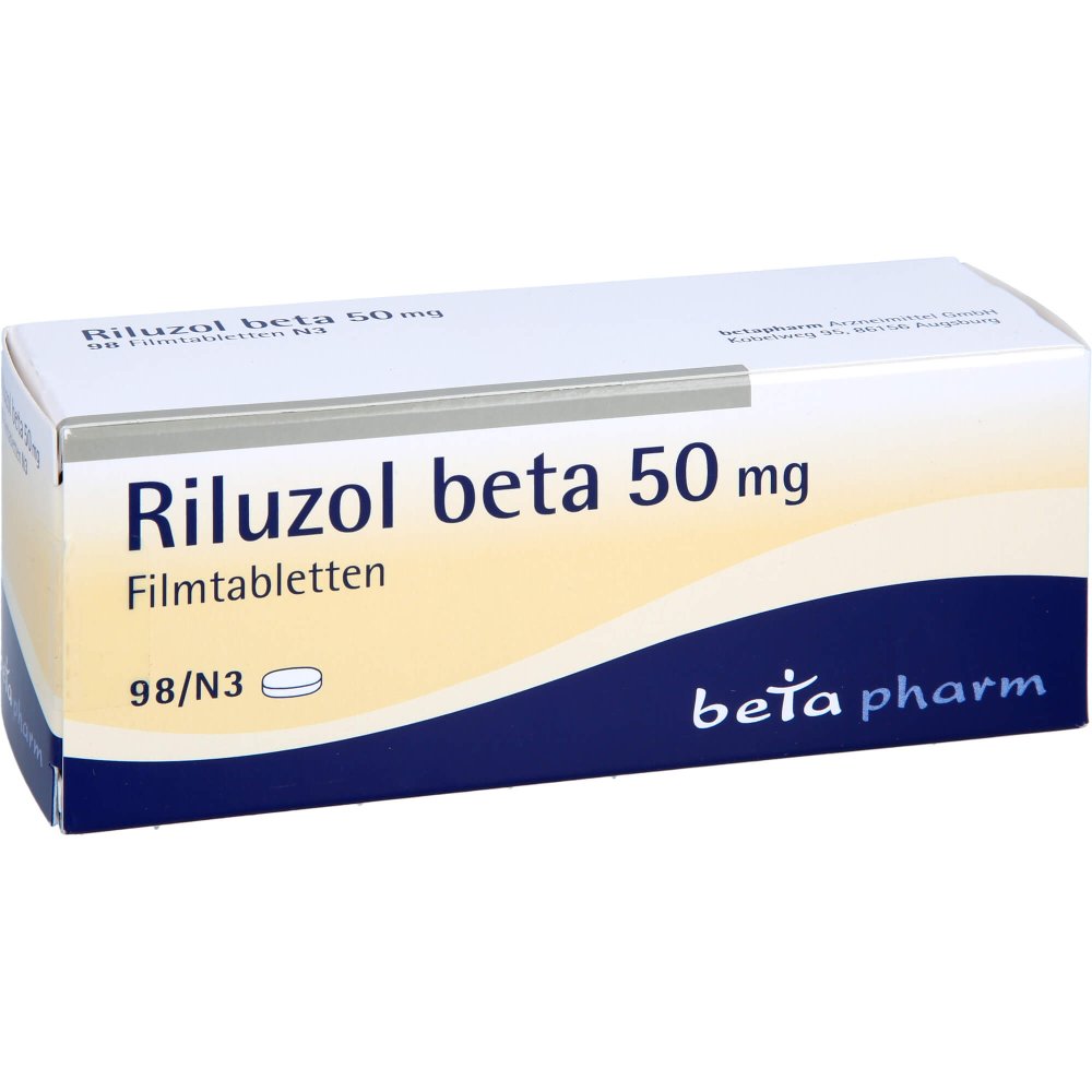Das Produktfoto zeigt Riluzol Beta 50 Mg Filmtabletten (98 stk) PZN 03781400