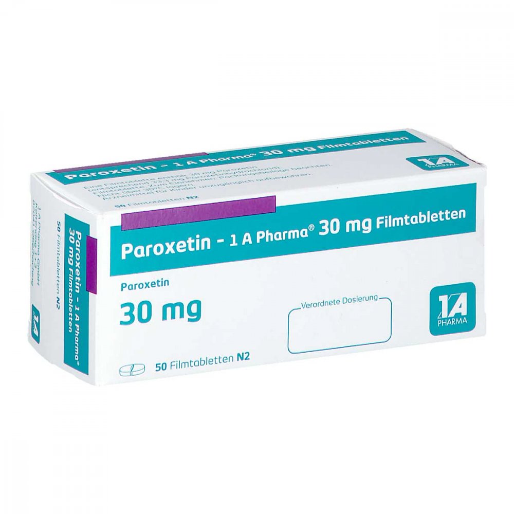Das Produktfoto zeigt Paroxetin-1a Pharma 30 Mg Filmtabletten (50 stk) PZN 03792591