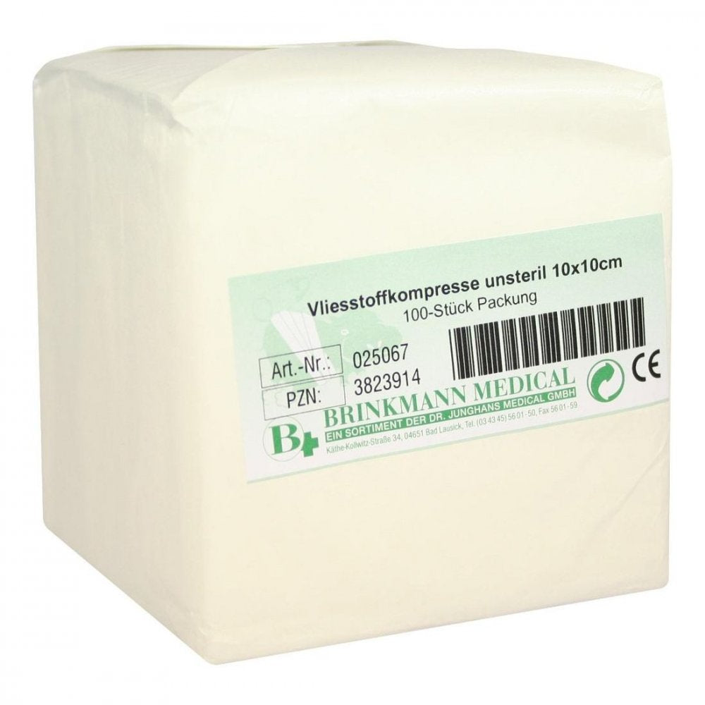 Das Produktfoto zeigt Vliesstoff-Kompressen Unsteril 10x10 Cm 4fach (100 stk) PZN 03823914