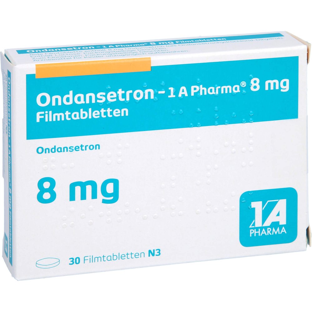 Das Produktfoto zeigt Ondansetron-1a Pharma 8 Mg Filmtabletten (30 stk) PZN 03850986