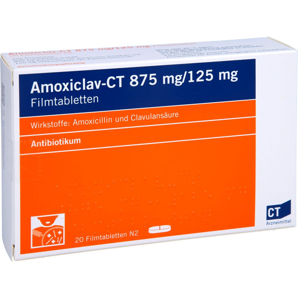 Das Produktfoto zeigt Amoxiclav-Ct 875 Mg/125 Mg Filmtabletten (20 stk) PZN 03856629