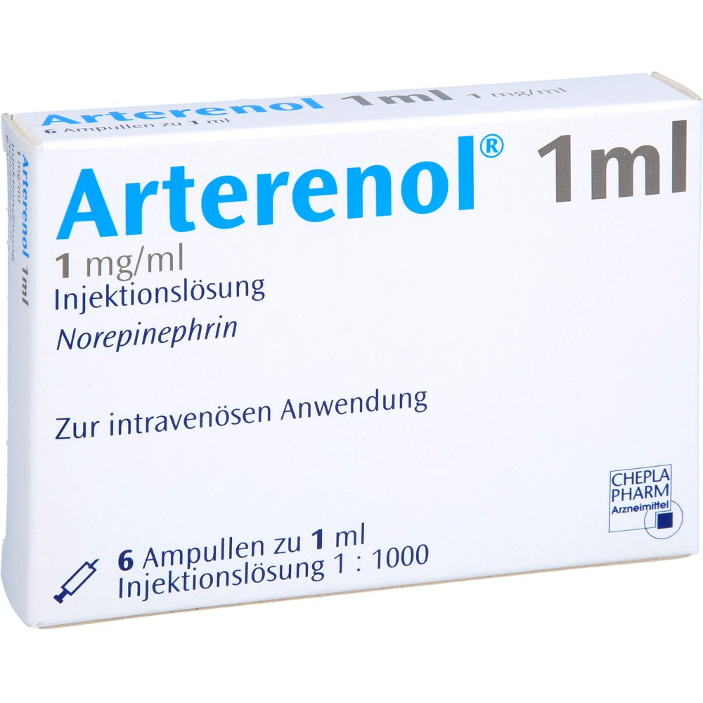 Das Produktfoto zeigt Arterenol 1 Mg/Ml Injektionslösung Ampullen (6X1 ml) PZN 03870227