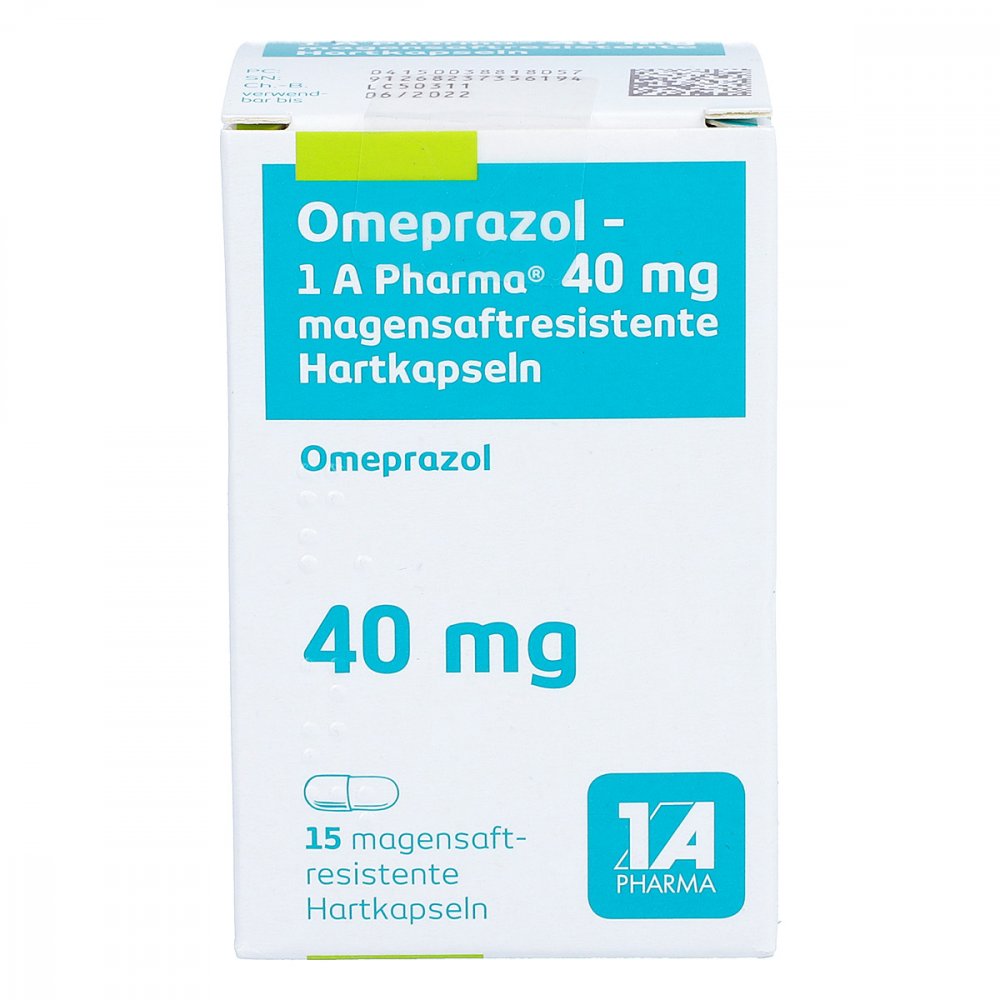 Das Produktfoto zeigt Omeprazol-1a Pharma 40 Mg Magensaftres.Hartkapseln (15 stk) PZN 03881805