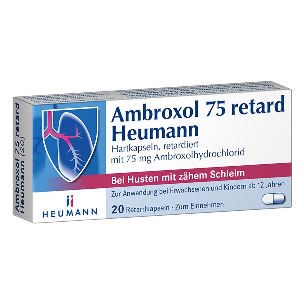 Das Produktfoto zeigt Ambroxol 75 Retard Heumann Kapseln (20 stk) PZN 03882147