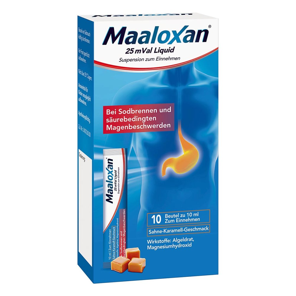 Das Produktfoto zeigt Maaloxan 25 Mval Liquid (10X10 ml) PZN 03885364