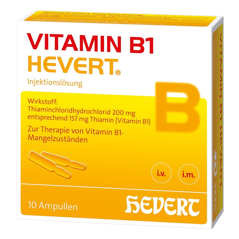 Das Produktfoto zeigt Vitamin B1 Hevert Ampullen (10X2 ml) PZN 03919956