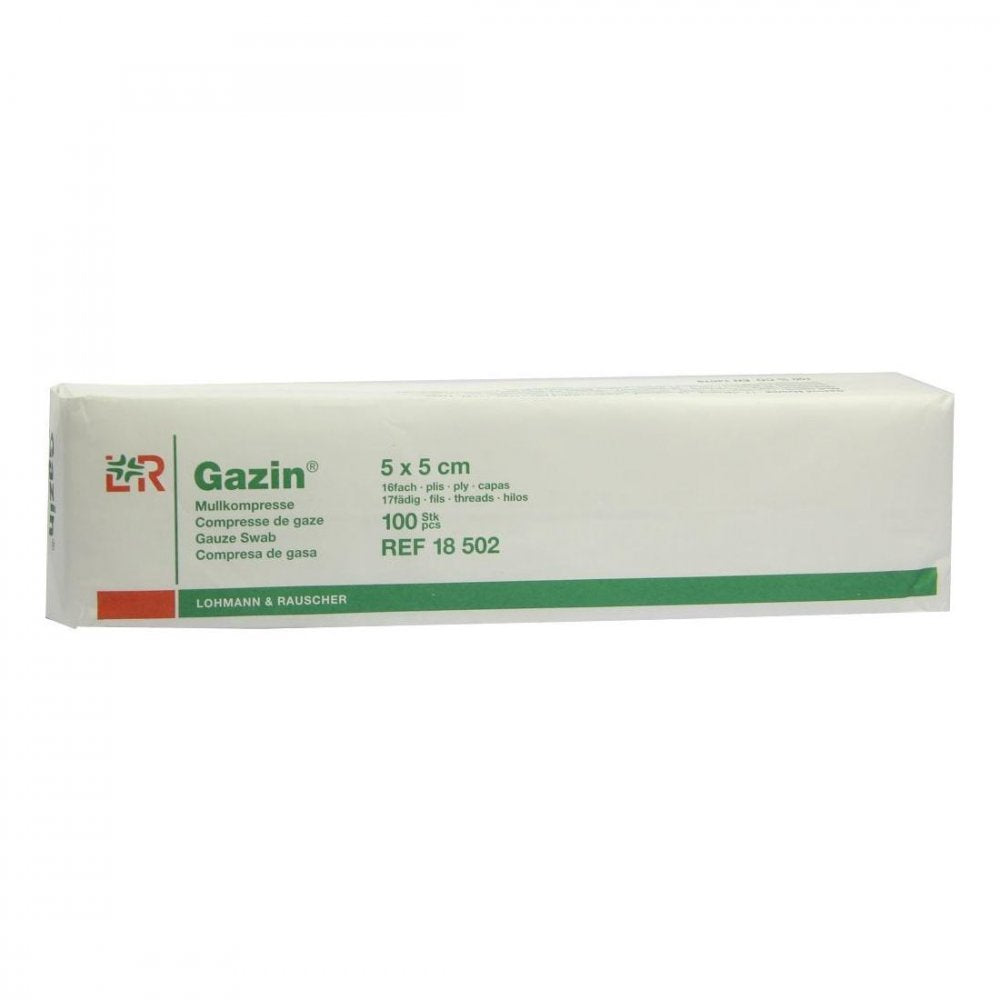 Das Produktfoto zeigt Gazin Mullkomp.5x5 Cm Unsteril 16fach Op (100 stk) PZN 03959370
