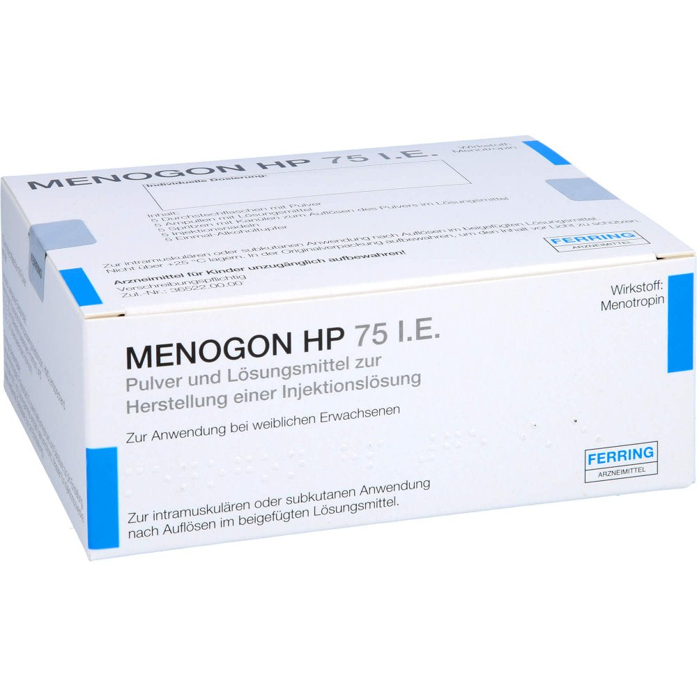 Das Produktfoto zeigt Menogon Hp 75 I.E. + Zubehör P.U.Lm Z.H.E.Inj.L. (5 stk) PZN 04015412
