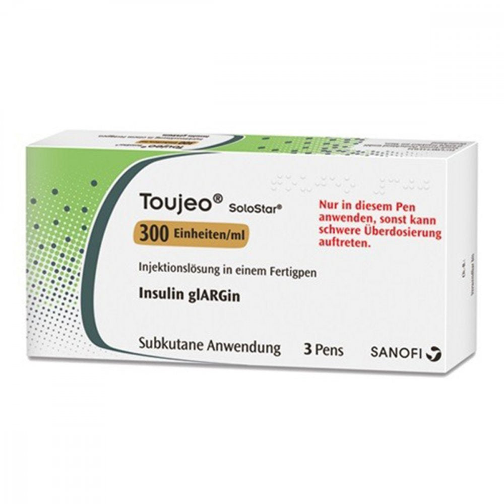 Das Produktfoto zeigt Toujeo 300 E/Ml Solostar Inj.-Lsg.I.E.Fertigpen (3X1.5 ml) PZN 04044129