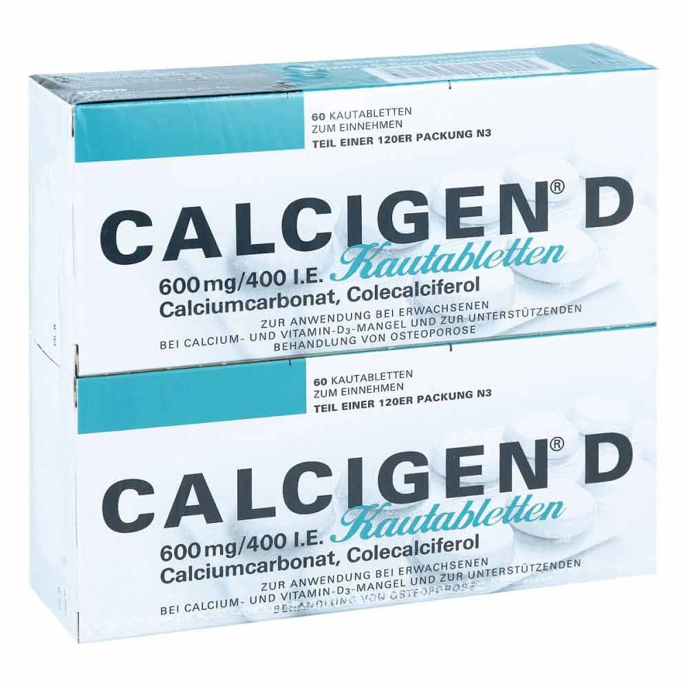 Das Produktfoto zeigt Calcigen D 600 Mg/400 I.E. Kautabletten (120 stk) PZN 04054599