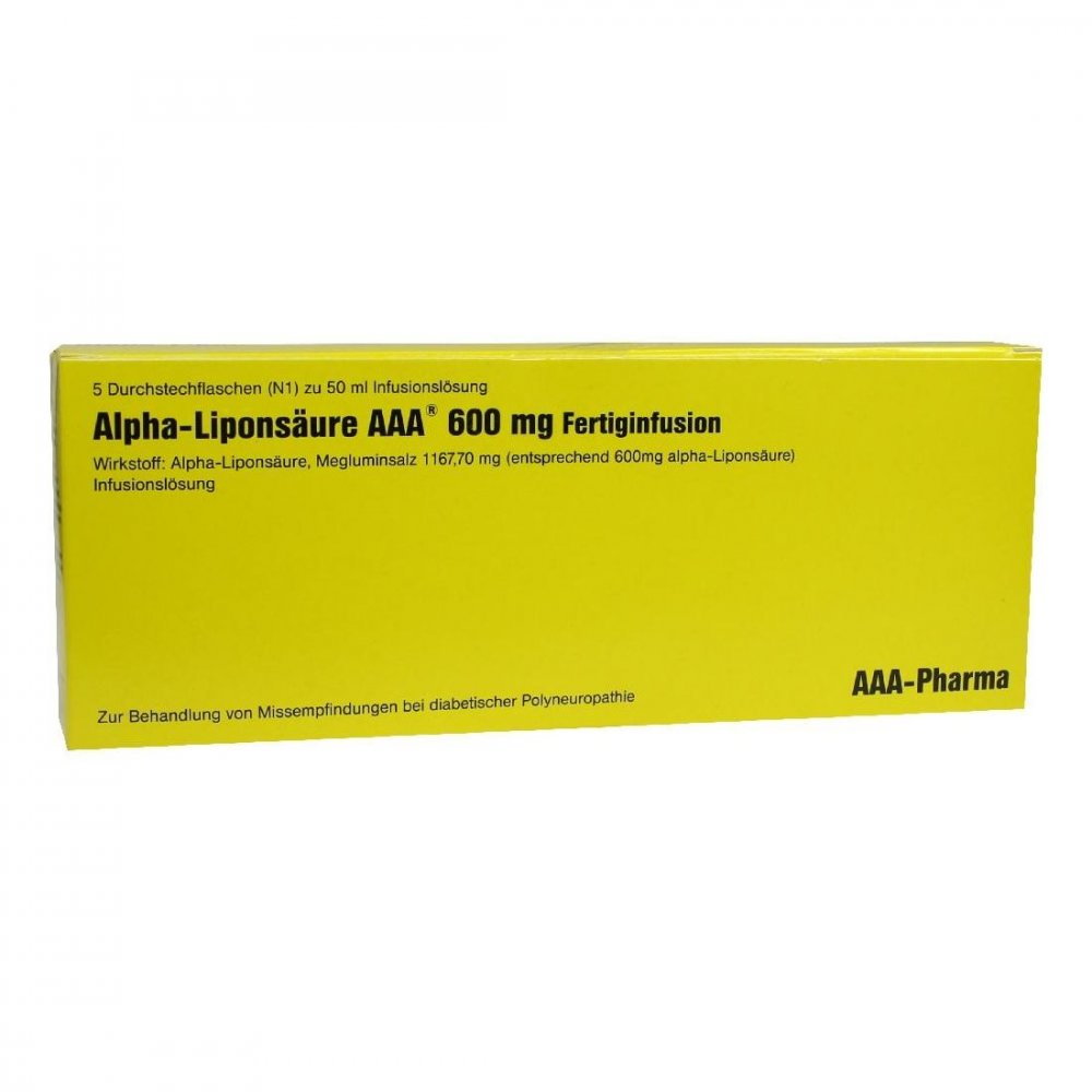 Das Produktfoto zeigt Alpha Liponsäure Aaa 600 Mg Injektionsflaschen (5X50 ml) PZN 04080585