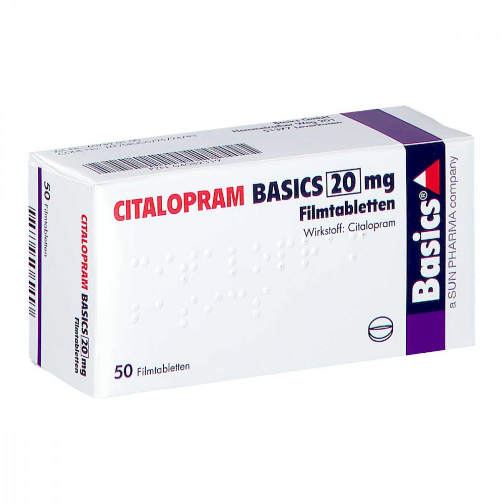 Das Produktfoto zeigt Citalopram Basics 20 Mg Filmtabletten (50 stk) PZN 04082319