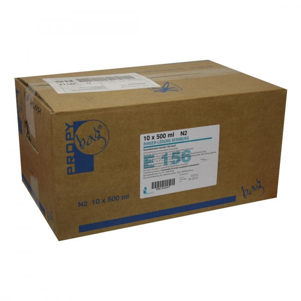 Das Produktfoto zeigt Ringer Lösung Bernburg Pp-Btl. (10X500 ml) PZN 04101471