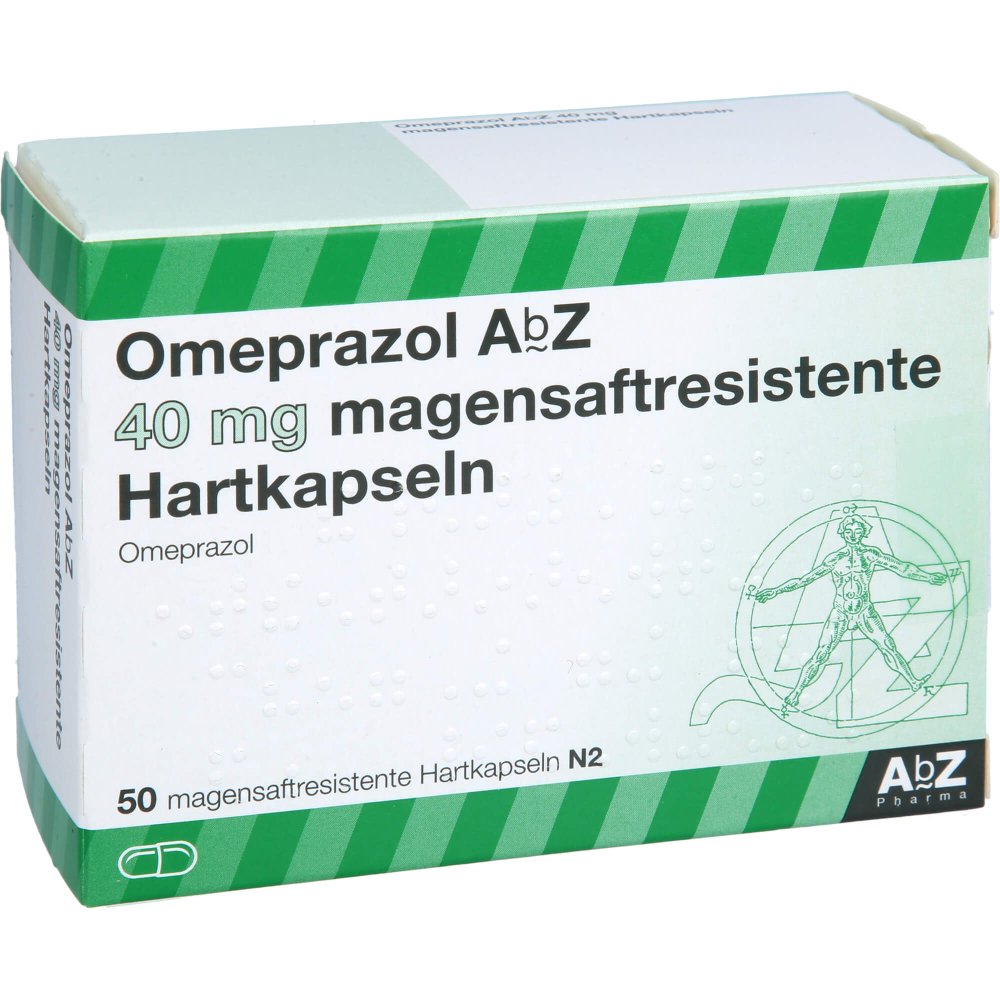 Das Produktfoto zeigt Omeprazol Abz 40 Mg Magensaftresistente Kapseln (50 stk) PZN 04102358