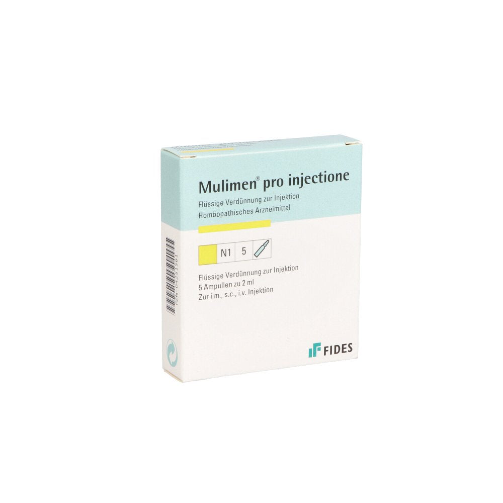 Das Produktfoto zeigt Mulimen Pro Injectione Ampullen (5X2 ml) PZN 04251561