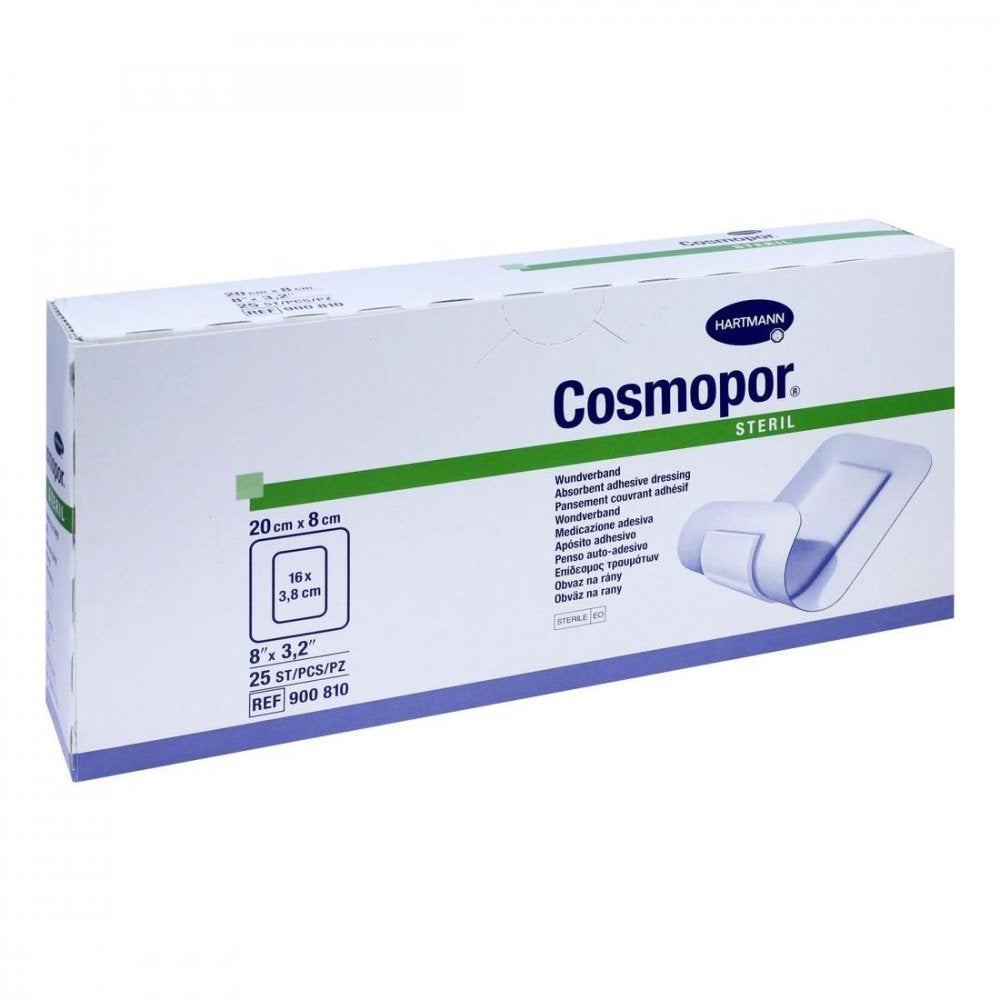 Das Produktfoto zeigt Cosmopor Steril Wundverband 8x20 Cm (25 stk) PZN 04302057