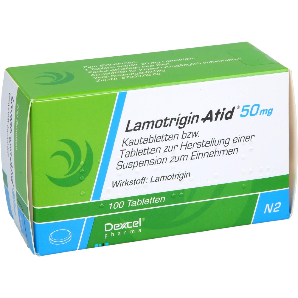 Das Produktfoto zeigt Lamotrigin Atid 50 Mg Kautbl./Tbl.Z.H.E.Sus.Z.Ein. (100 stk) PZN 04306463