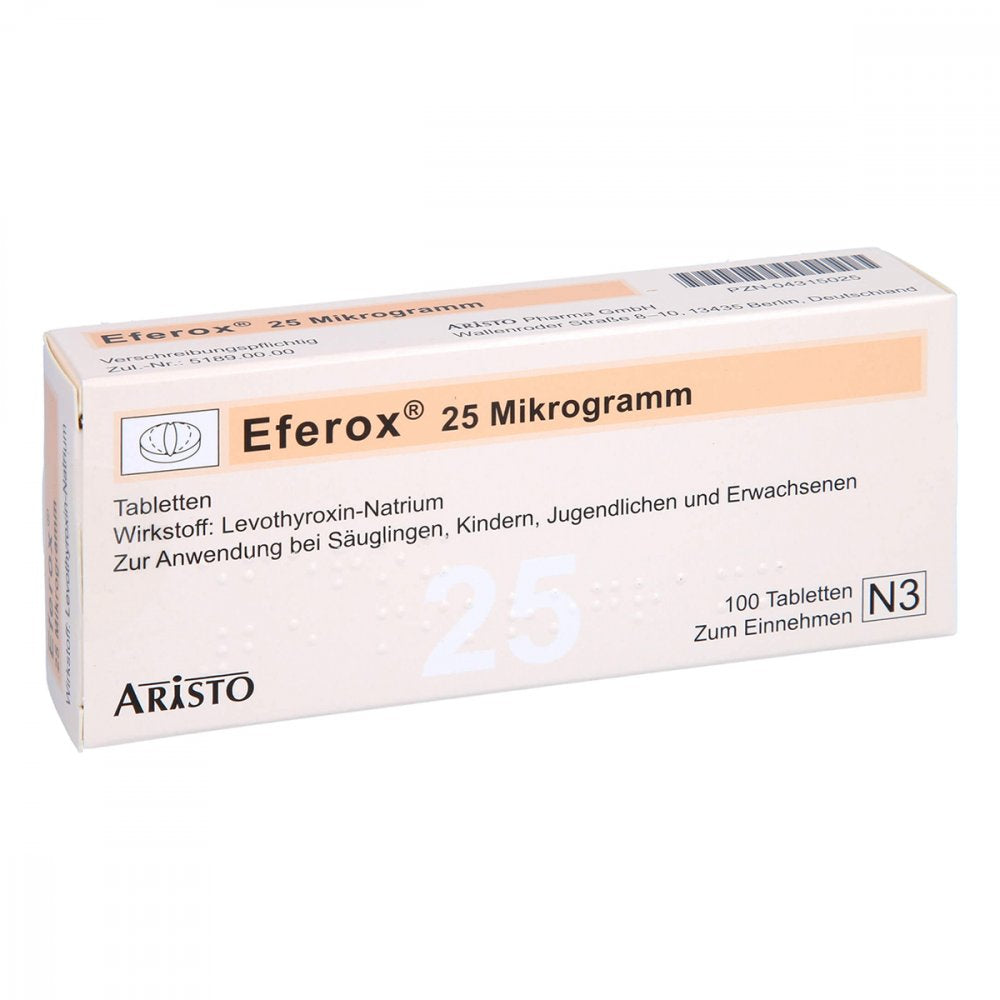 Das Produktfoto zeigt Eferox 25 Mikrogramm Tabletten (100 stk) PZN 04315025
