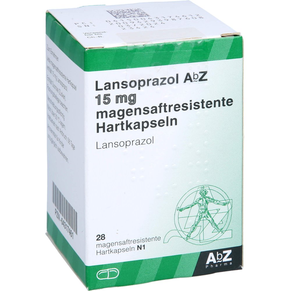 Das Produktfoto zeigt Lansoprazol Abz 15 Mg Magensaftres.Hartkaps. (28 stk) PZN 04317461