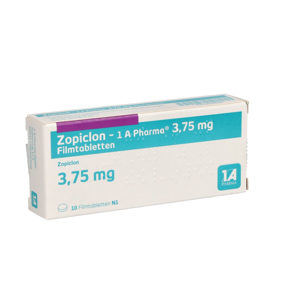 Das Produktfoto zeigt Zopiclon-1a Pharma 3,75 Mg Filmtabletten (10 stk) PZN 04344104