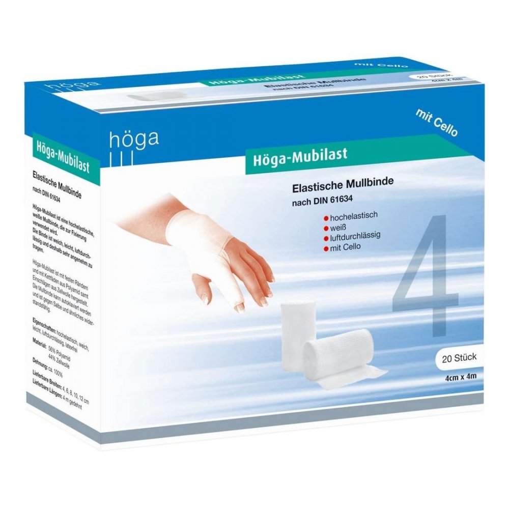 Das Produktfoto zeigt Höga-Mubilast Fixierbinde 4 Cmx4 M M.Cellophan (1 stk) PZN 04401492