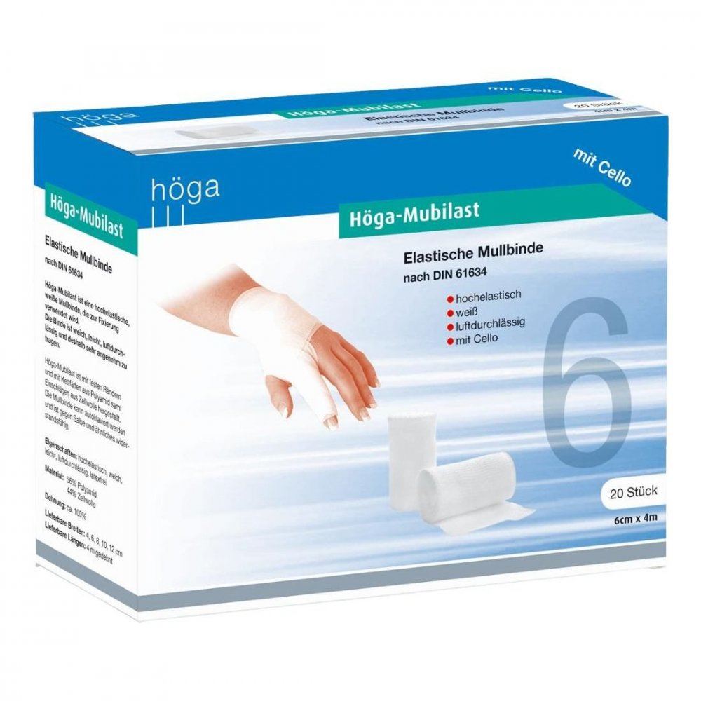 Das Produktfoto zeigt Höga-Mubilast Fixierbinde 6 Cmx4 M M.Cellophan (1 stk) PZN 04401500