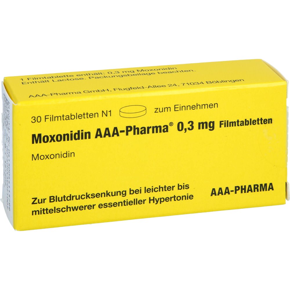 Das Produktfoto zeigt Moxonidin Aaa-Pharma 0,3 Mg Filmtabletten (30 stk) PZN 04411579