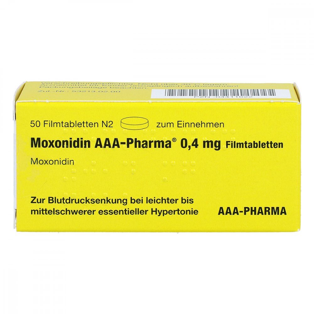 Das Produktfoto zeigt Moxonidin Aaa-Pharma 0,4 Mg Filmtabletten (50 stk) PZN 04411622