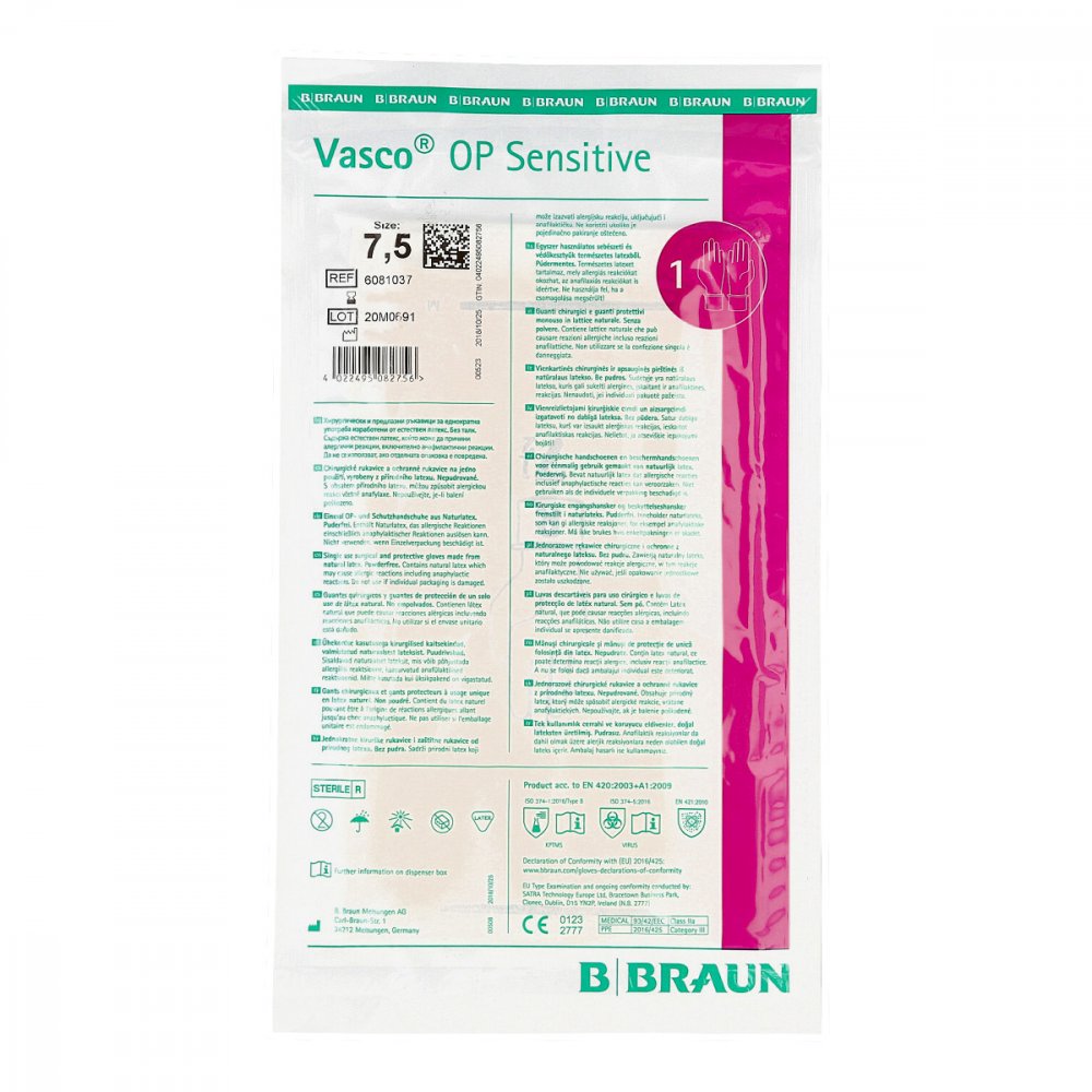 Das Produktfoto zeigt Vasco Op Sensitive Handsch.Steril Puderfrei Gr.7,5 (2 stk) PZN 04423855