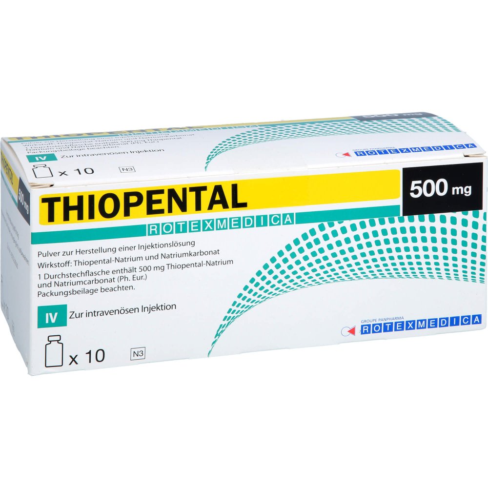 Das Produktfoto zeigt Thiopental 0,5 G Rotexmedica Tr.-Subst.O.Lsg.-M. (10 stk) PZN 04464966