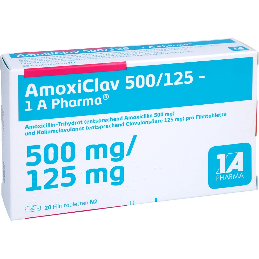 Das Produktfoto zeigt Amoxiclav 500/125-1a Pharma Filmtabletten (20 stk) PZN 04492299