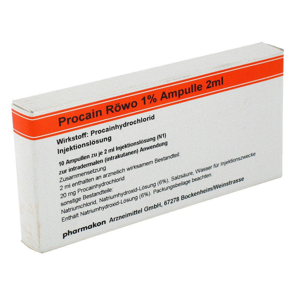 Das Produktfoto zeigt Procain Röwo 1% Inj.-Lsg.Ampullen 2 Ml (10X2 ml) PZN 04493755