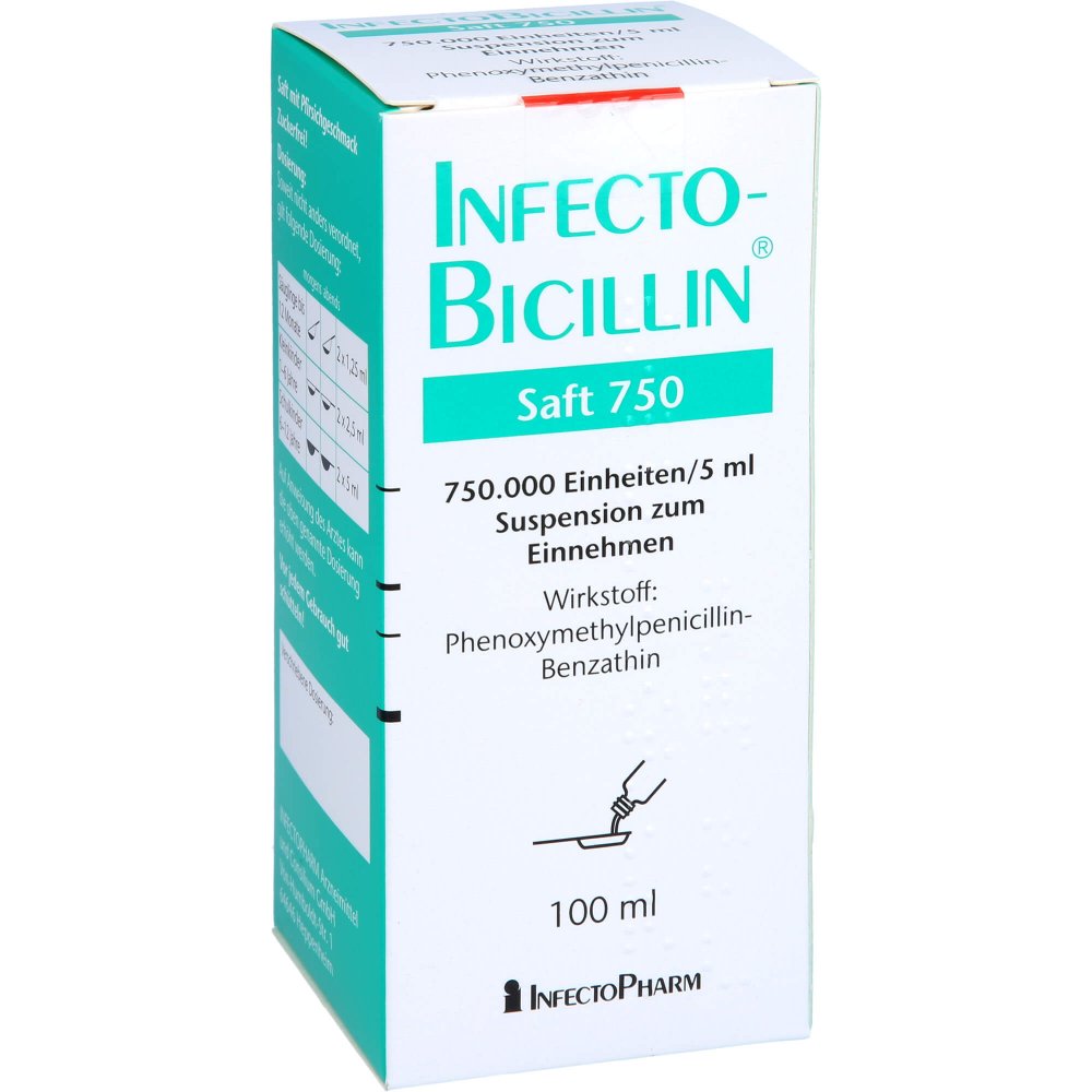Das Produktfoto zeigt Infectobicillin Saft 750 1ml=150.000 I.E. (100 ml) PZN 04525314