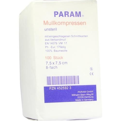 Das Produktfoto zeigt Mullkompressen 7,5x7,5 Cm Unsteril 8fach (100 stk) PZN 04525923