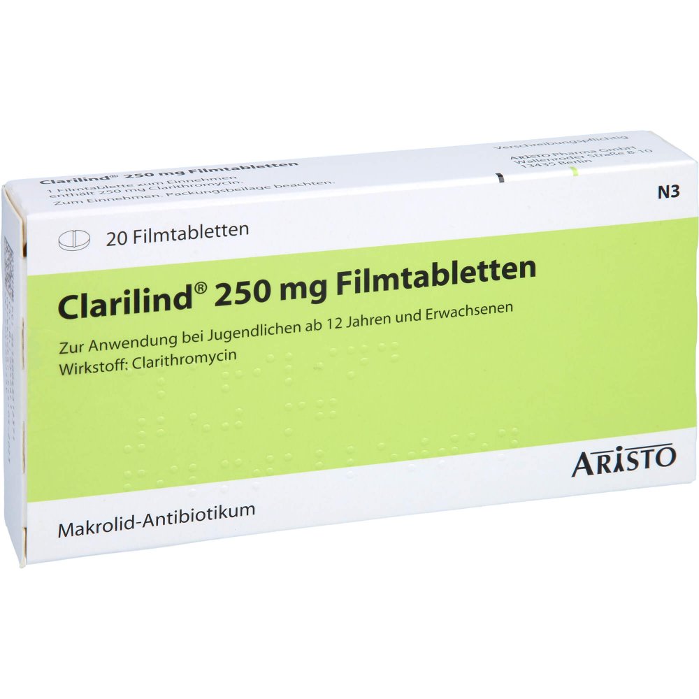 Das Produktfoto zeigt Clarilind 250 Mg Filmtabletten (20 stk) PZN 04531237