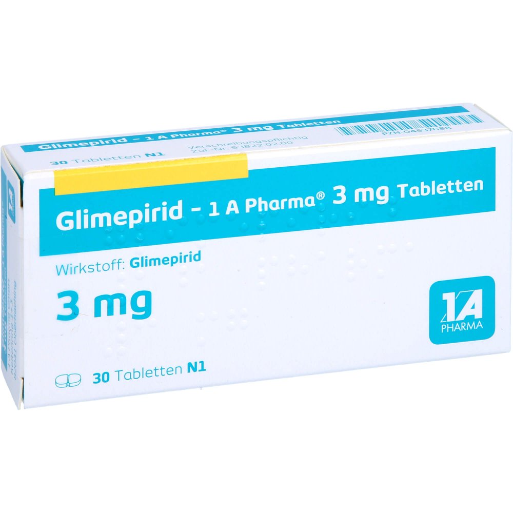 Das Produktfoto zeigt Glimepirid-1a Pharma 3 Mg Tabletten (30 stk) PZN 04537688