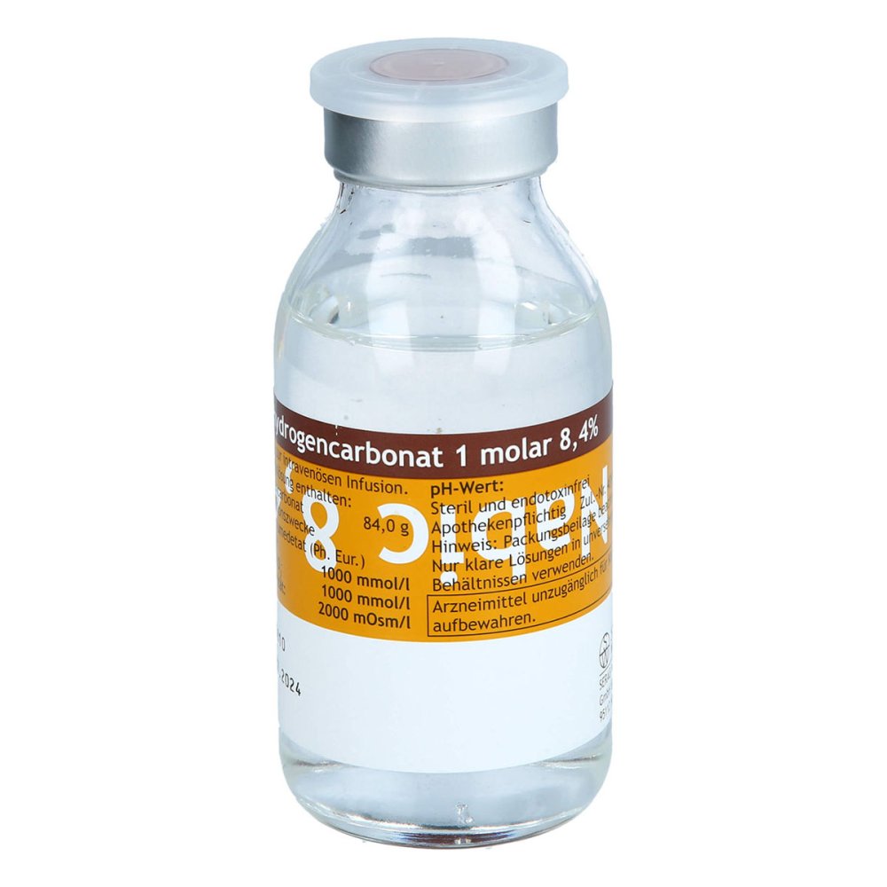Das Produktfoto zeigt Natriumhydrogencarbonat 8,4% 1 Mol Glas (20X100 ml) PZN 04585782