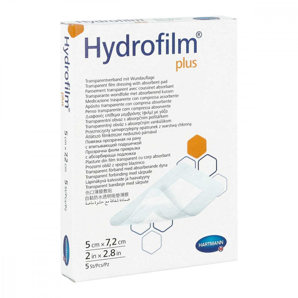 Das Produktfoto zeigt Hydrofilm Plus Transparentverband 5x7,2 Cm (5 stk) PZN 04605705