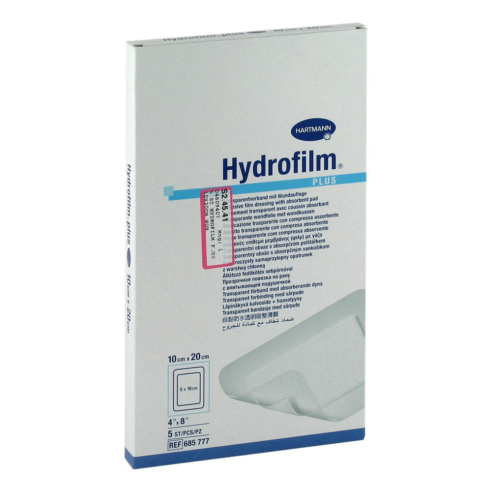 Das Produktfoto zeigt Hydrofilm Plus Transparentverband 10x20 Cm (5 stk) PZN 04609407