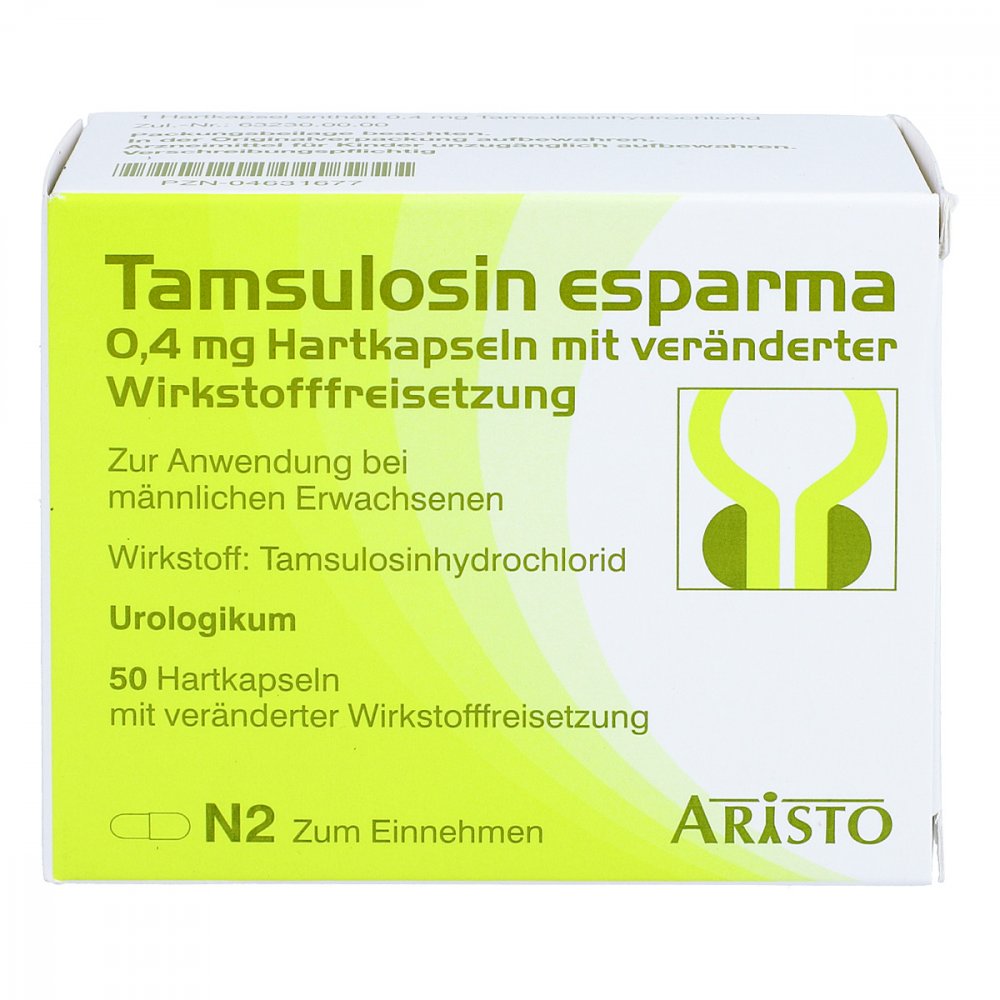 Das Produktfoto zeigt Tamsulosin Esparma 0,4 Mg Hartk.Verä.Wst.-Frs. (50 stk) PZN 04631677