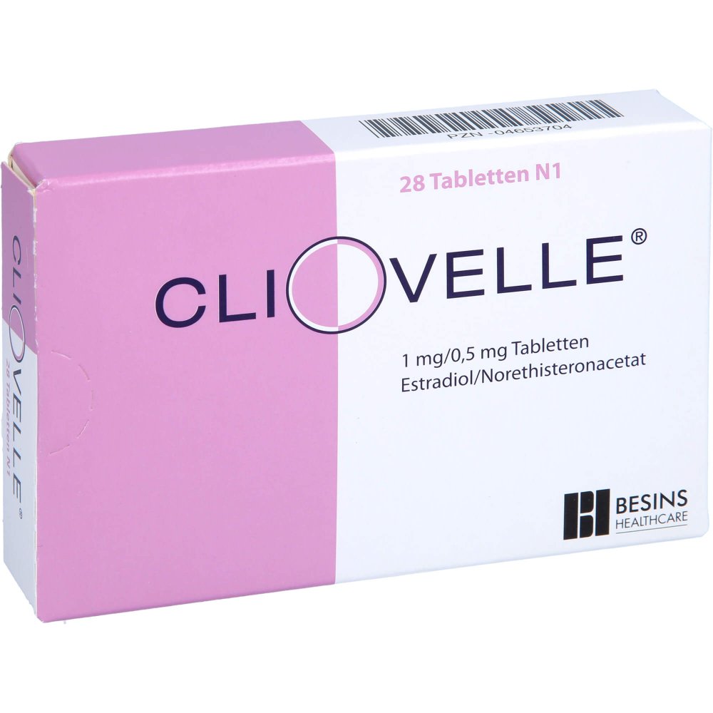 Das Produktfoto zeigt Cliovelle 1 Mg/0,5 Mg Tabletten (28 stk) PZN 04653704