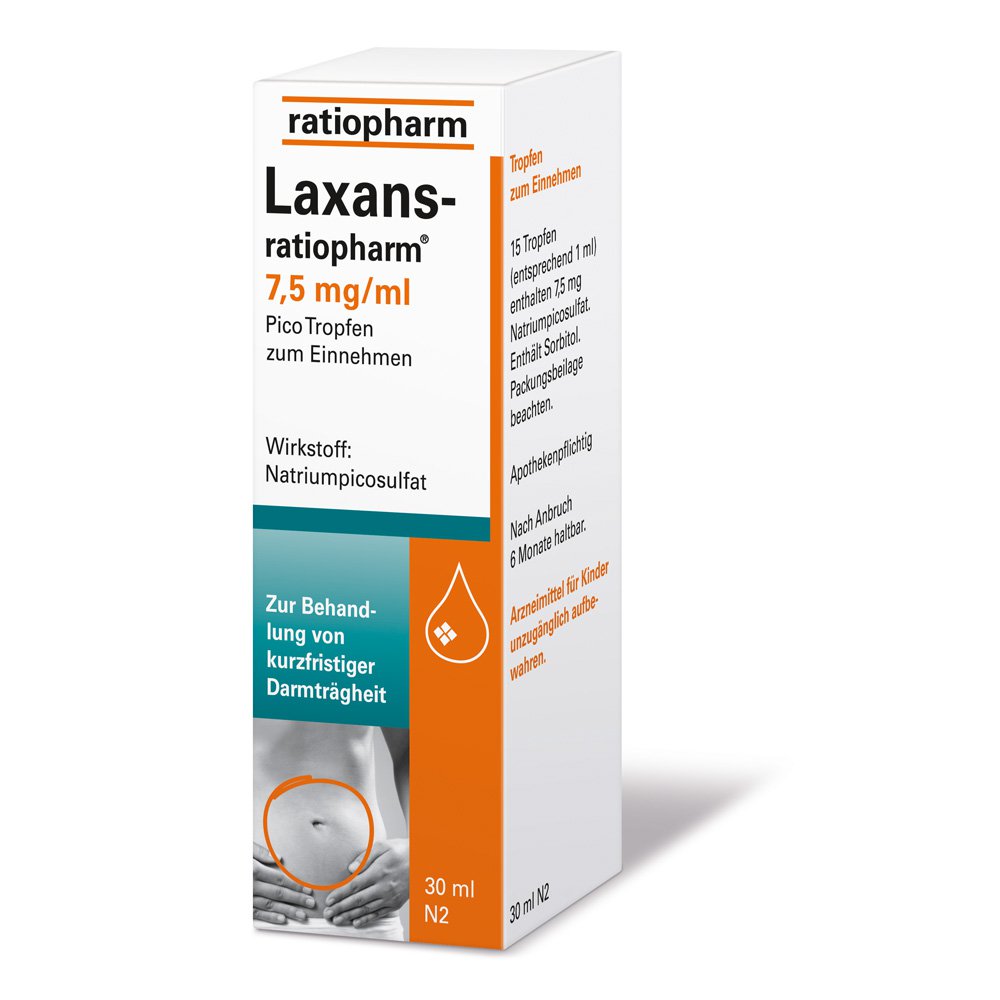 Das Produktfoto zeigt Laxans-Ratiopharm 7,5 Mg/Ml Pico Tropfen (30 ml) PZN 04687790