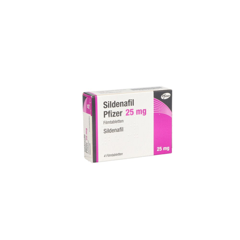 Das Produktfoto zeigt Sildenafil Pfizer 25 Mg Filmtabletten (4 stk) PZN 04712737
