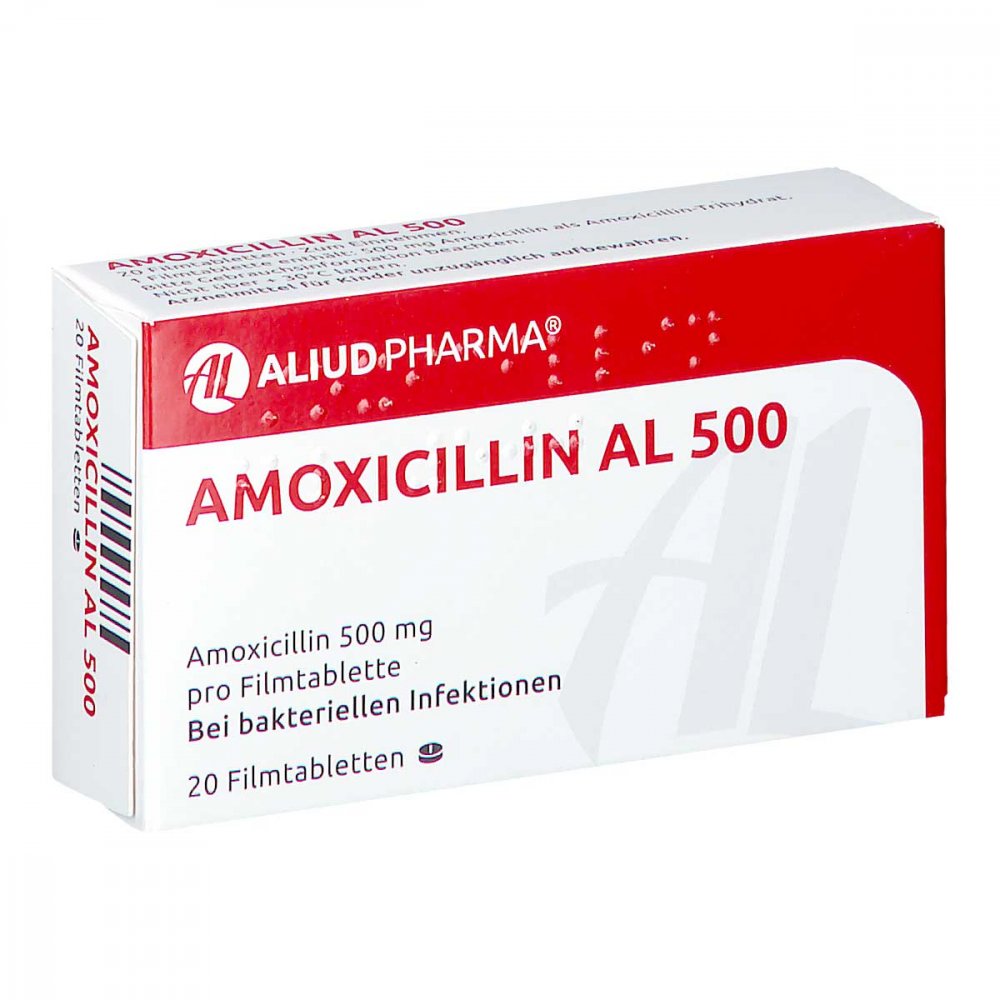 Das Produktfoto zeigt Amoxicillin Al 500 Filmtabletten (20 stk) PZN 04751482
