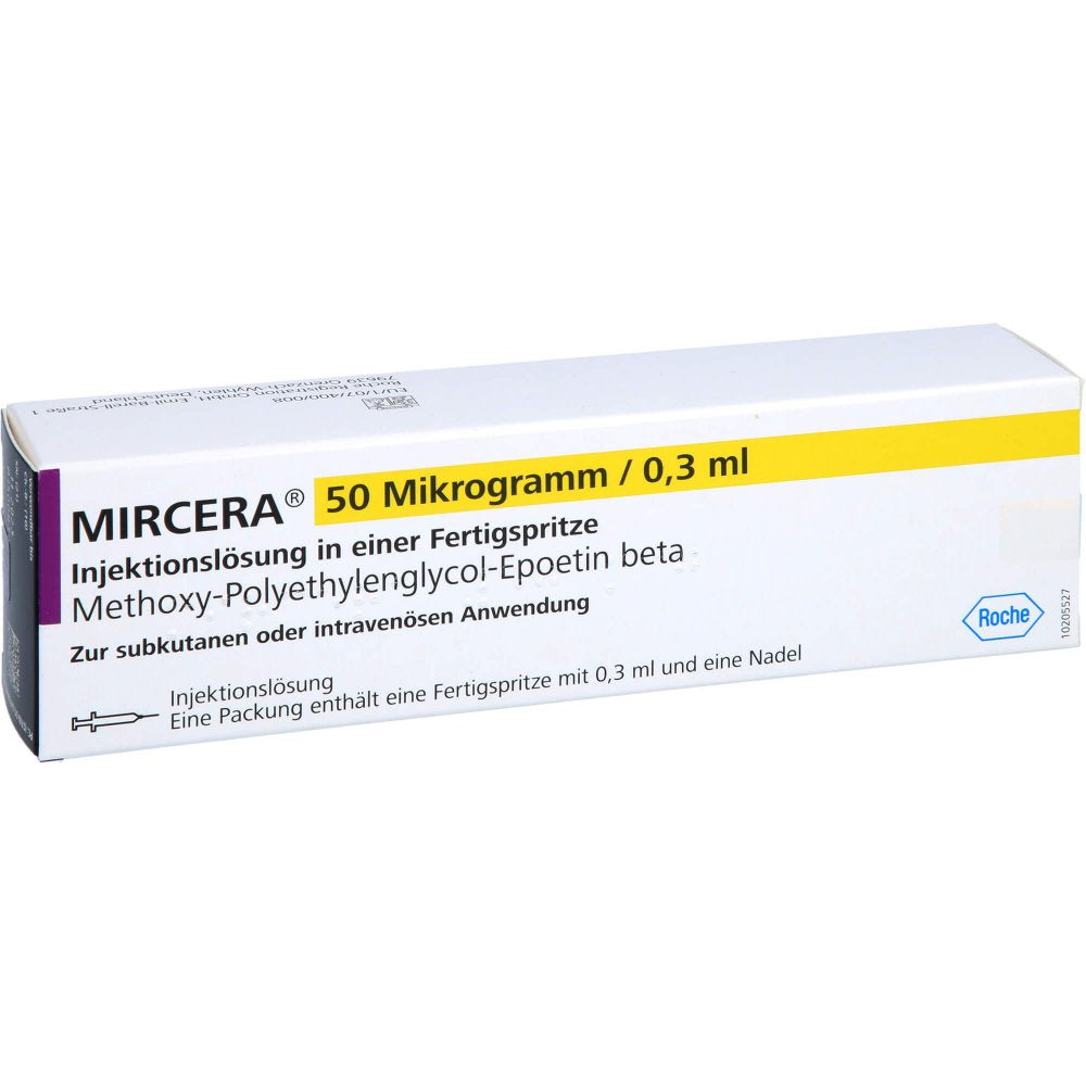 Das Produktfoto zeigt Mircera 50 Mikrogramm/0,3 Ml Inj.-Lsg.I.E.F.-Sp. (1 stk) PZN 04761196