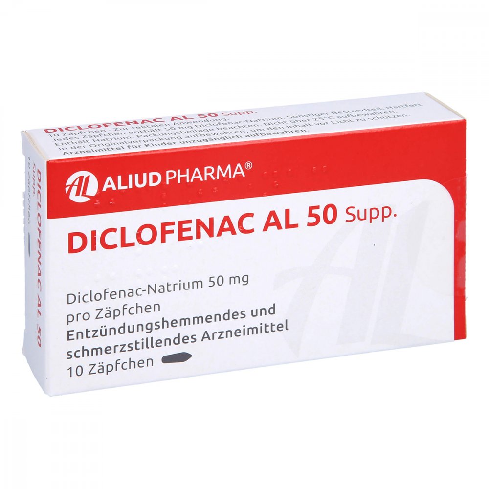 Das Produktfoto zeigt Diclofenac Al 50 Suppositorien (10 stk) PZN 04765679