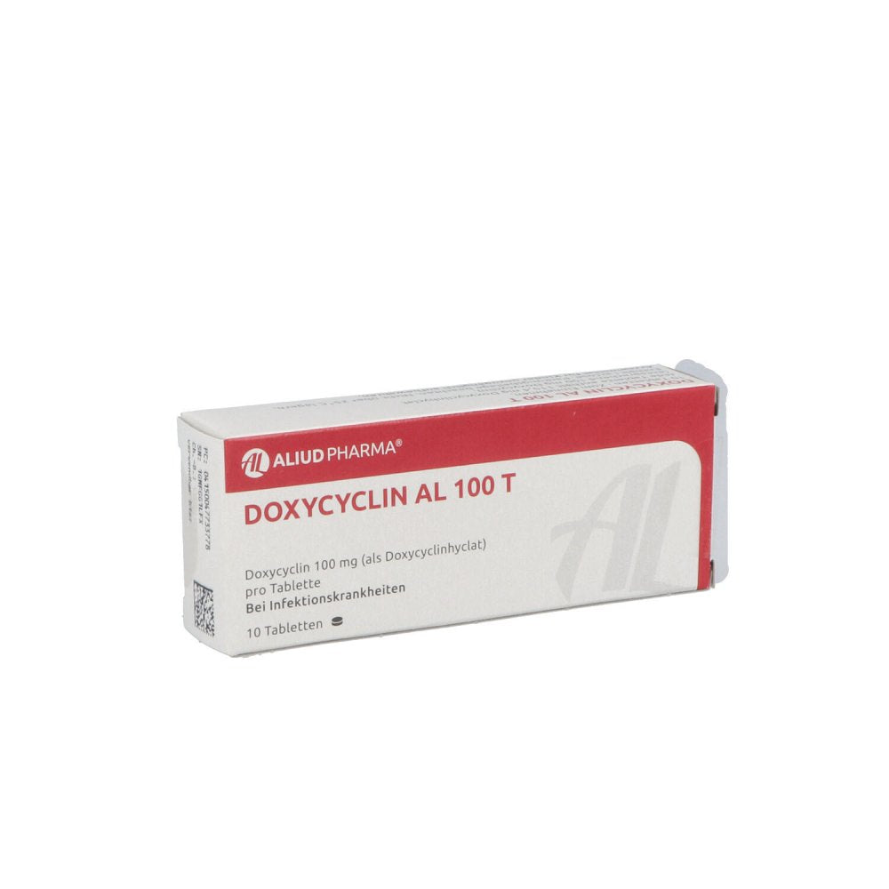 Das Produktfoto zeigt Doxycyclin Al 100 T Tabletten (10 stk) PZN 04773377