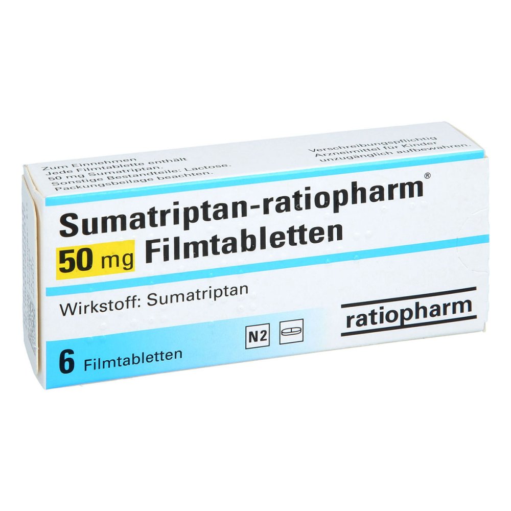 Das Produktfoto zeigt Sumatriptan-Ratiopharm 50 Mg Filmtabletten (6 stk) PZN 04779658